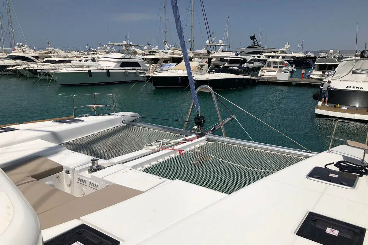 Deck of Smajla 2 Sweden, a Lagoon 52 F catamaran at Athens, Greece