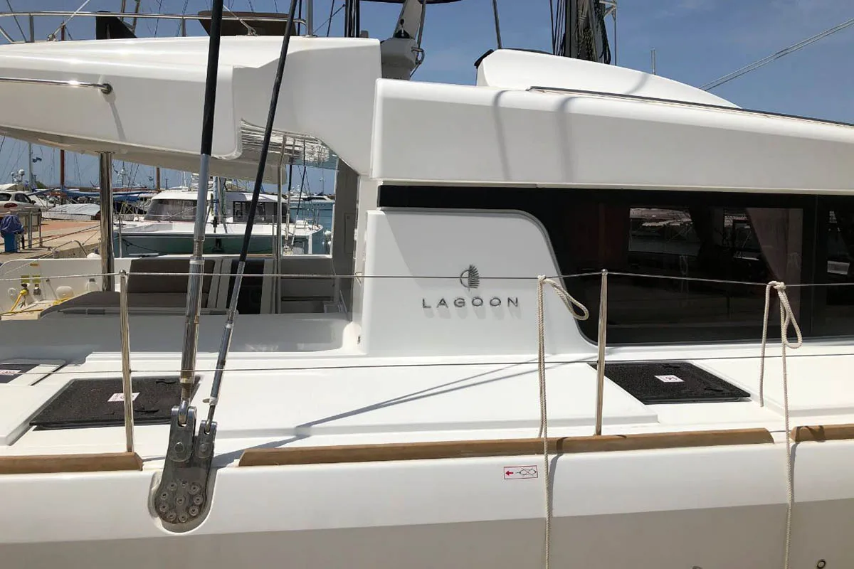 Exterior view of Smajla 2 Sweden, a Lagoon 52 F catamaran at Athens, Greece