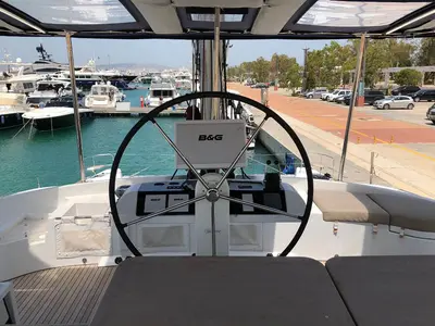 Cockpit of Smajla 2 Sweden, a Lagoon 52 F catamaran at Athens, Greece