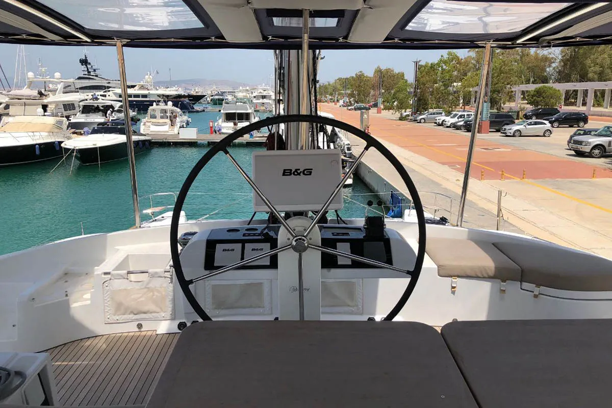 Cockpit of Smajla 2 Sweden, a Lagoon 52 F catamaran at Athens, Greece