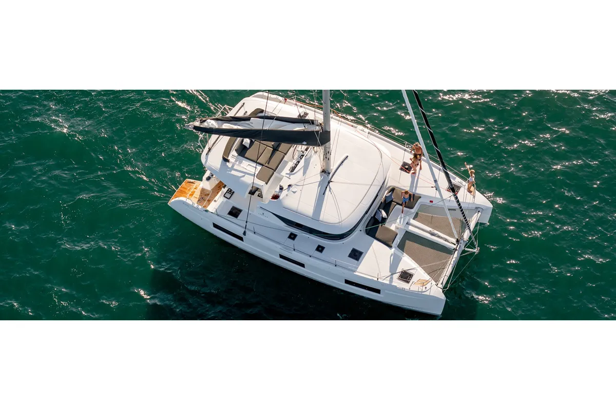 Exterior view of Peaches, a Lagoon 46 catamaran at Lefkada, Greece