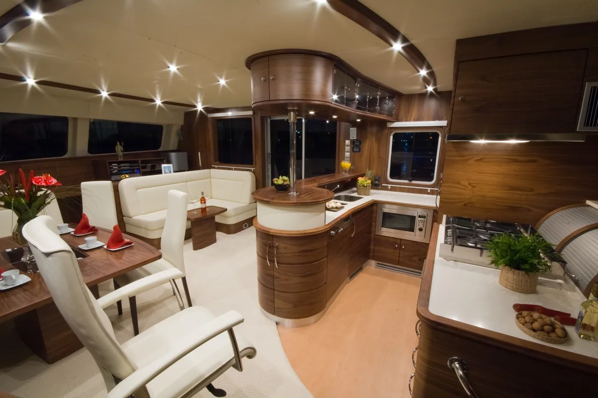 Salon of Marea, a Sunreef 62 catamaran at Isla Aguja Cabins San Blas, Panama
