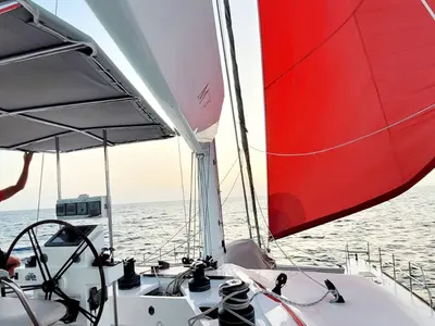 Cockpit of Marea, a Sunreef 62 catamaran at Isla Aguja Cabins San Blas, Panama