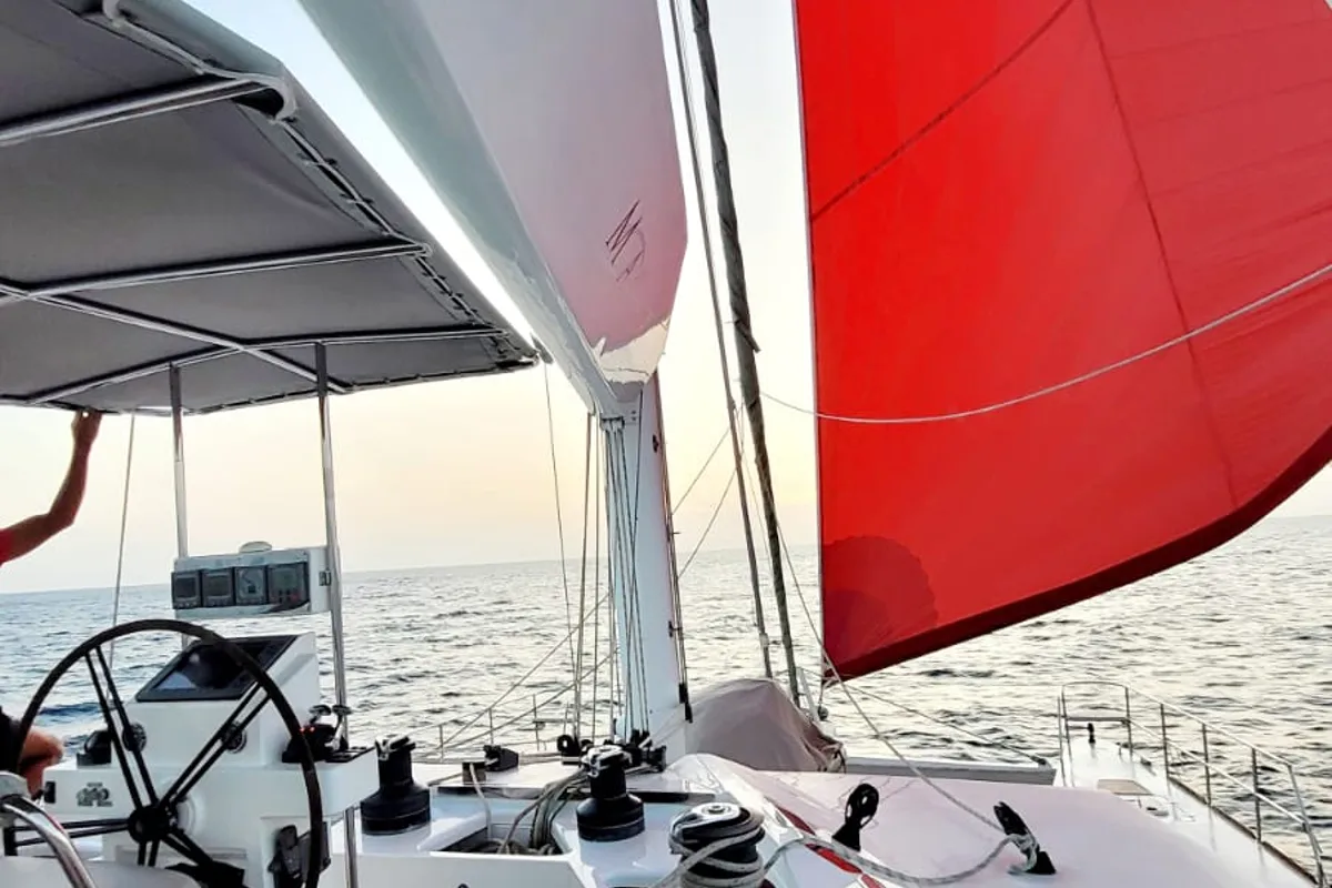Cockpit of Marea, a Sunreef 62 catamaran at Isla Aguja Cabins San Blas, Panama