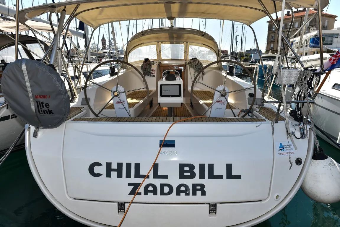 Exterior view of Chill Bill, a Bavaria Cruiser 41 sailboat at Zadar, Croatia