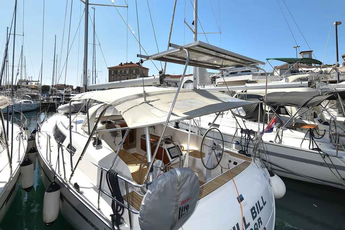 Exterior view of Chill Bill, a Bavaria Cruiser 41 sailboat at Zadar, Croatia