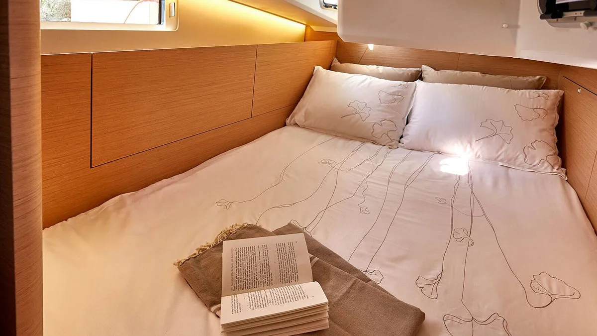 Cabin on Sunsail 410 Classic, a Jeanneau Sun Odyssey 410 sailboat at Kontokali, Greece