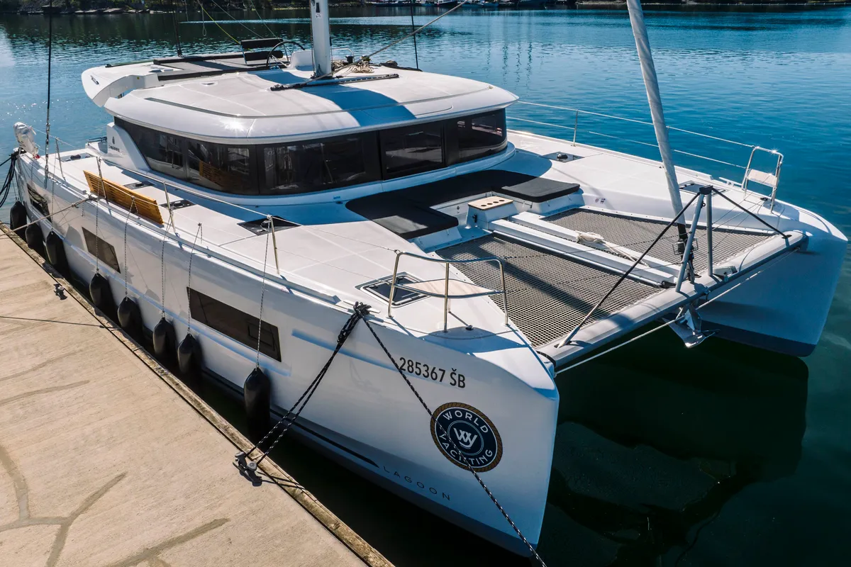 Exterior view of Poseidon, a Lagoon 46 catamaran at Šibenik, Croatia