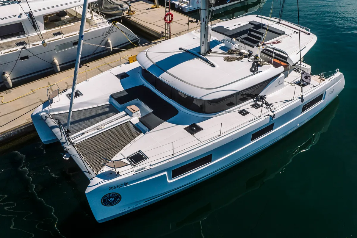 Exterior view of Poseidon, a Lagoon 46 catamaran at Šibenik, Croatia