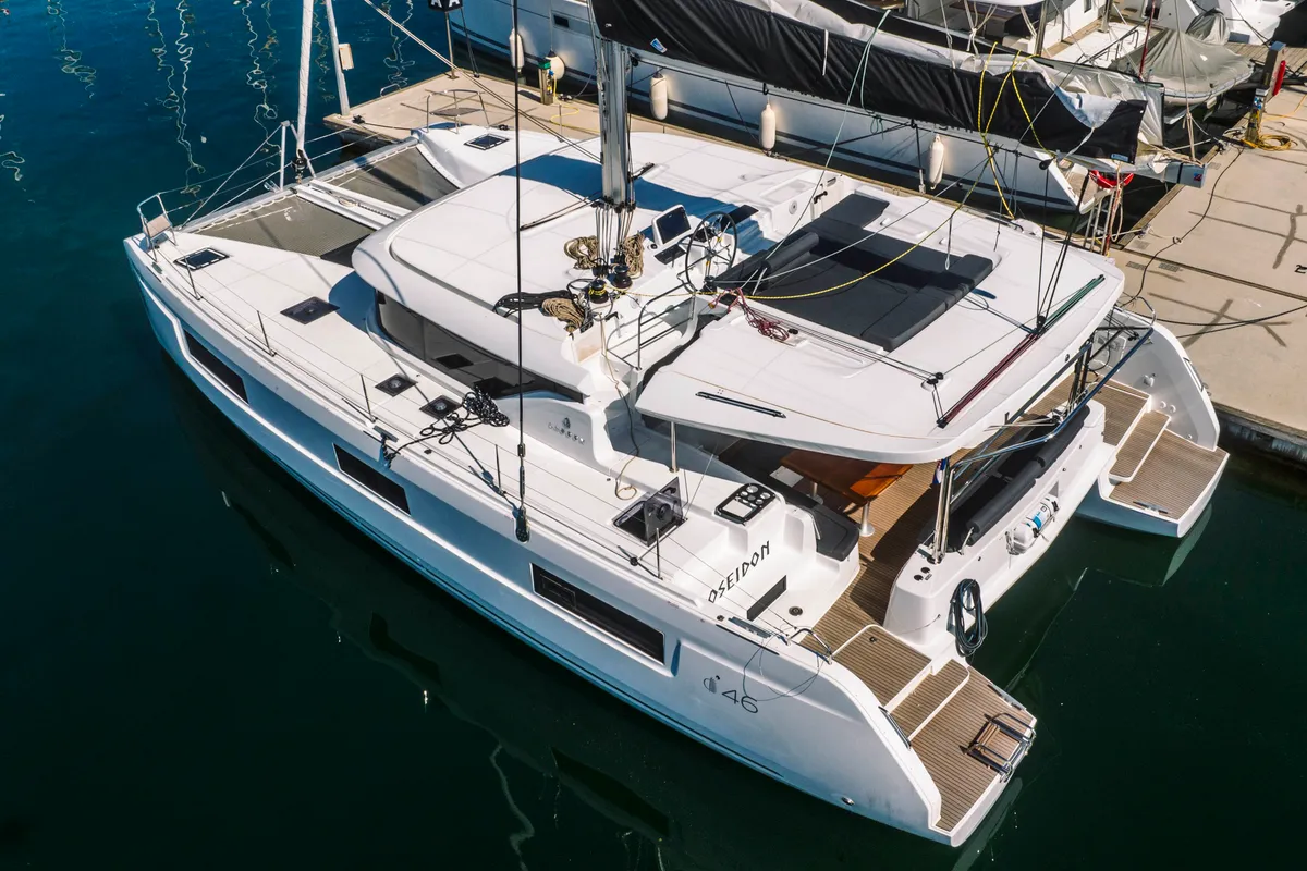 Exterior view of Poseidon, a Lagoon 46 catamaran at Šibenik, Croatia