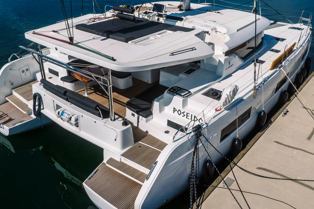 Exterior view of Poseidon, a Lagoon 46 catamaran at Šibenik, Croatia
