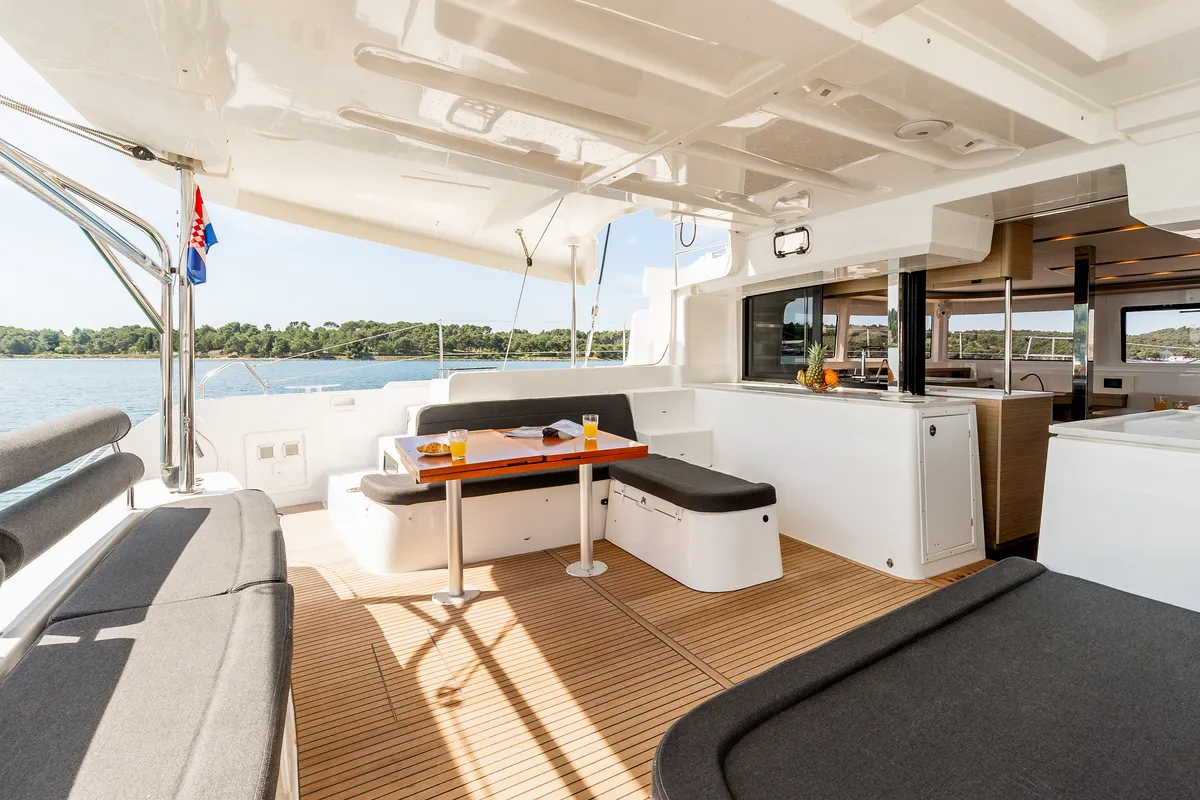 Deck of Poseidon, a Lagoon 46 catamaran at Šibenik, Croatia