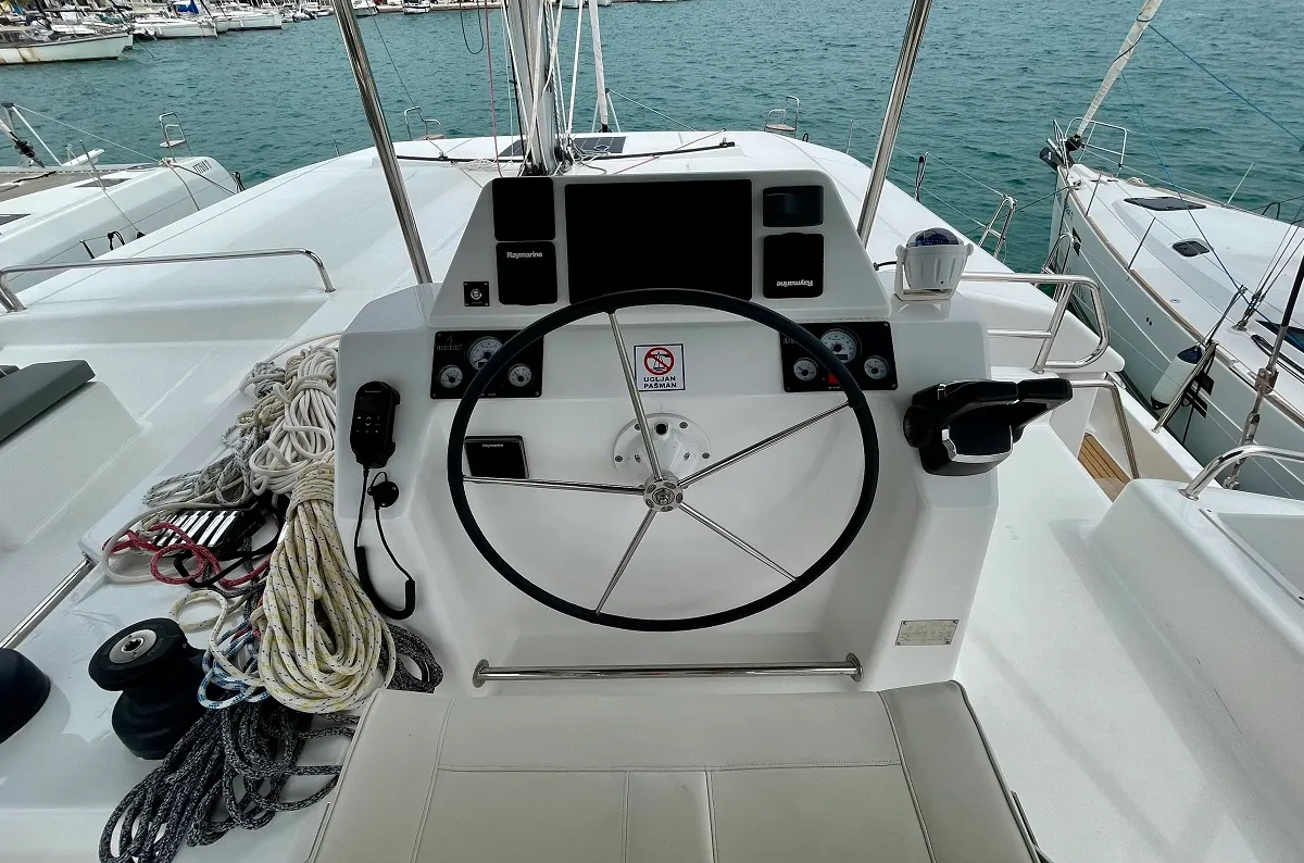 Cockpit of Mojito, a Dufour 48 Catamaran catamaran at Pirovac, Croatia