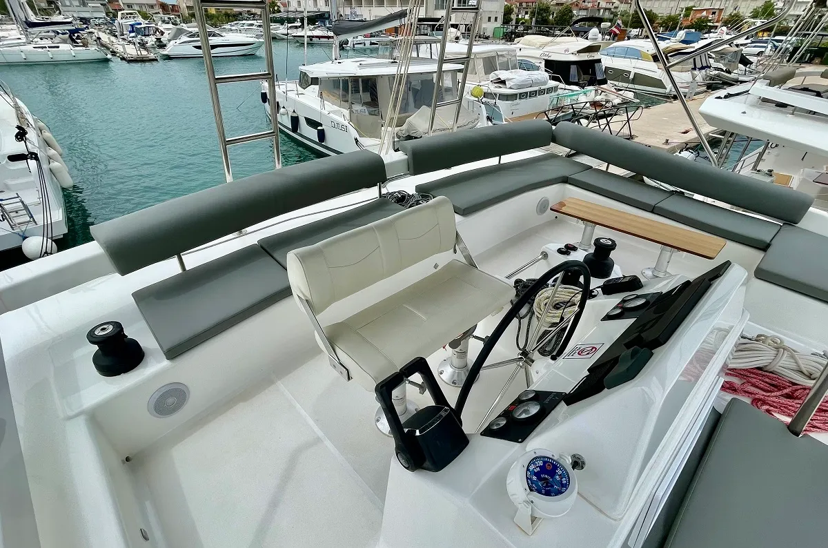 Cockpit of Mojito, a Dufour 48 Catamaran catamaran at Pirovac, Croatia