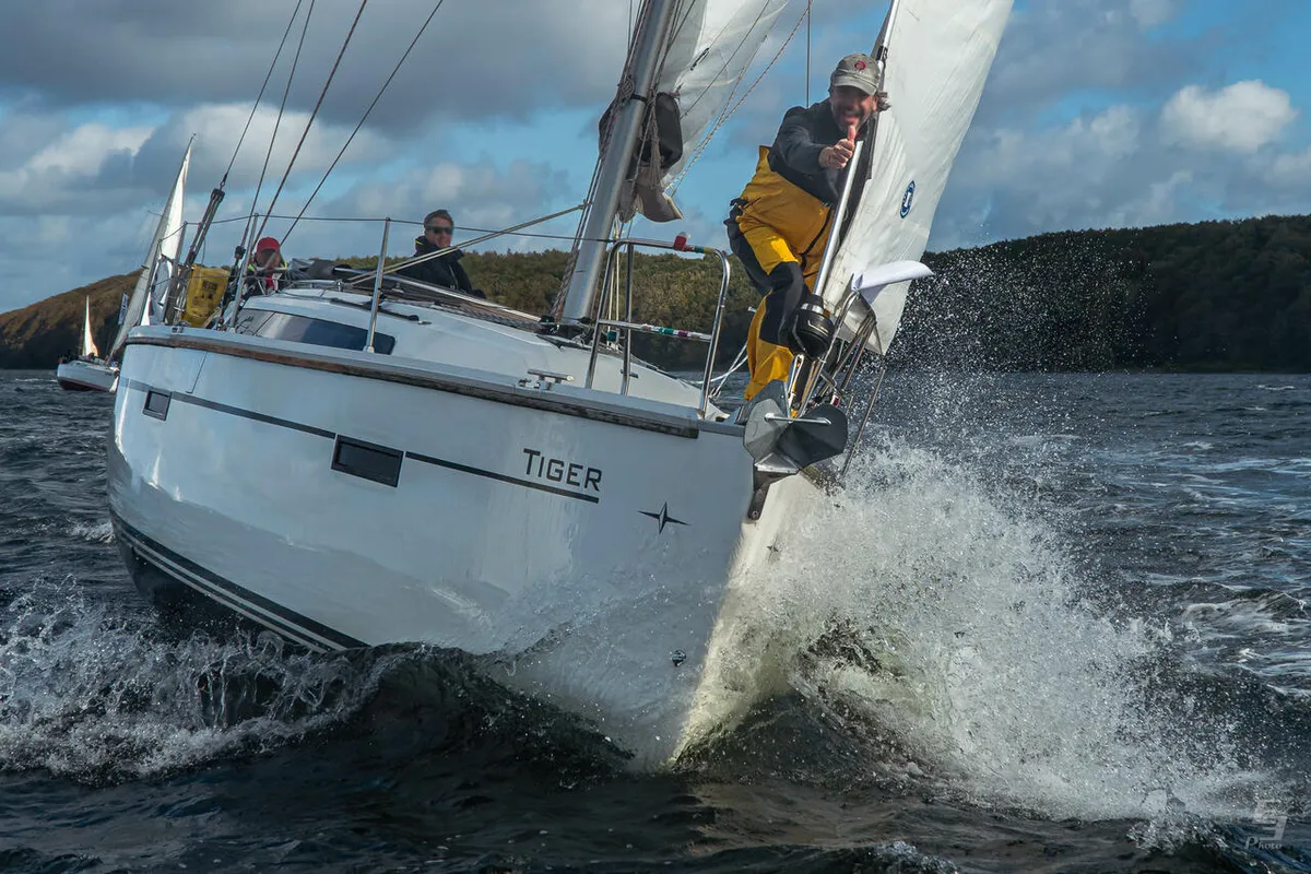 Exterior view of Tiger, a Bavaria Cruiser 37 sailboat at Flensburg, Germany