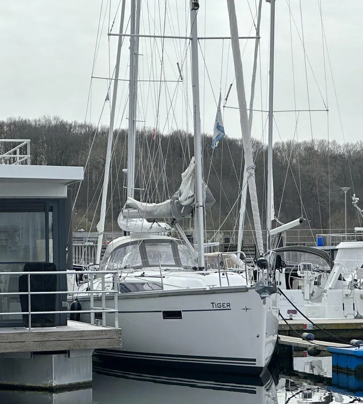 Exterior view of Tiger, a Bavaria Cruiser 37 sailboat at Flensburg, Germany