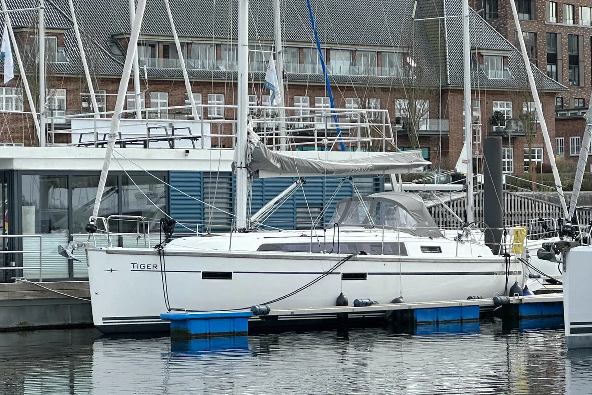 Exterior view of Tiger, a Bavaria Cruiser 37 sailboat at Flensburg, Germany