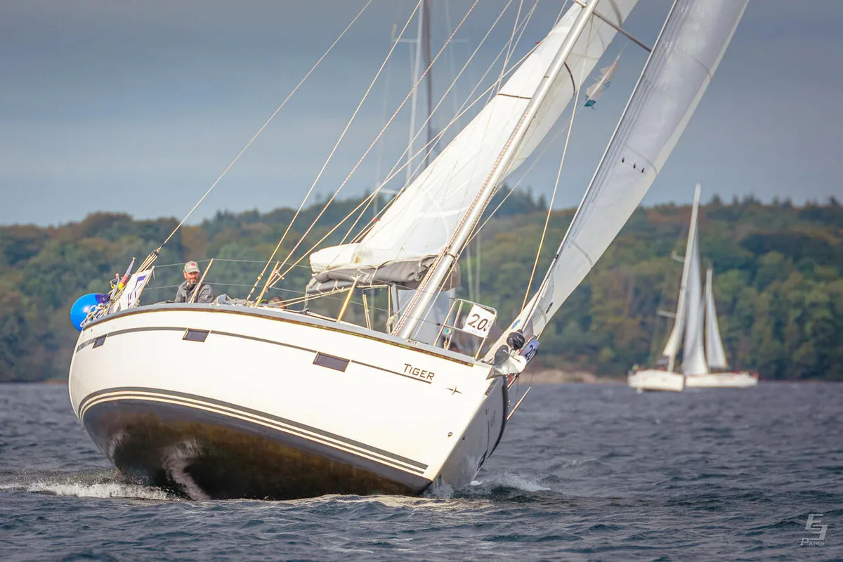 Exterior view of Tiger, a Bavaria Cruiser 37 sailboat at Flensburg, Germany