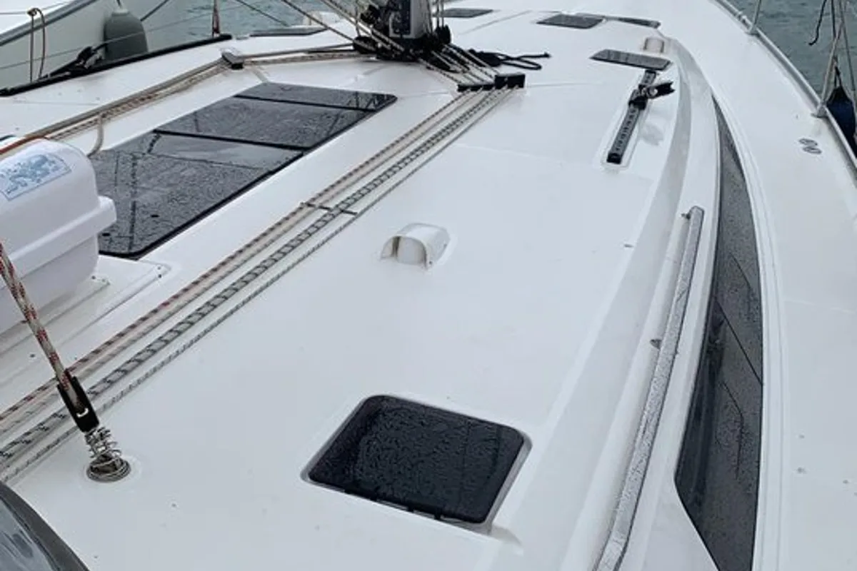 Deck of Apollon, a Bavaria Cruiser 51 sailboat at Athens, Greece
