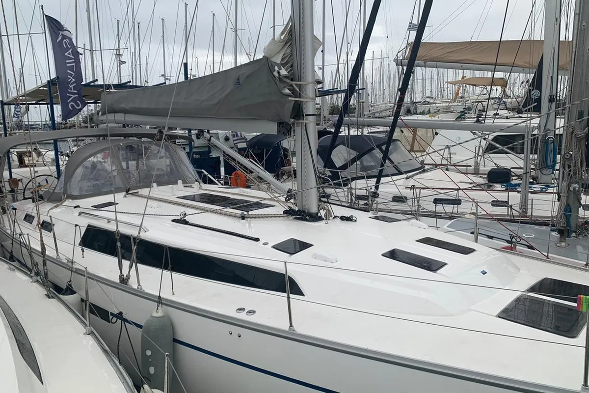 Exterior view of Apollon, a Bavaria Cruiser 51 sailboat at Athens, Greece