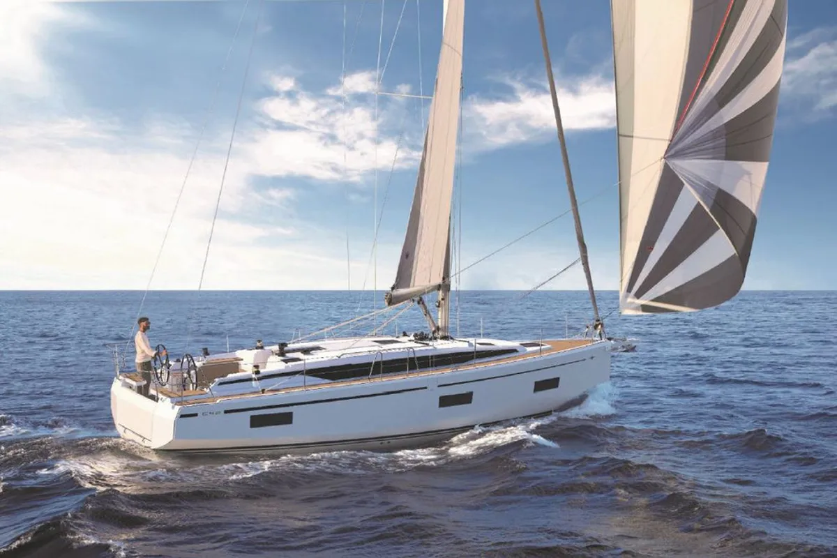 Exterior view of Balarina, a Bavaria C42 sailboat at Municipal Unit of Lefkada, Greece