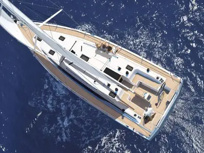 Exterior view of Balarina, a Bavaria C42 sailboat at Municipal Unit of Lefkada, Greece