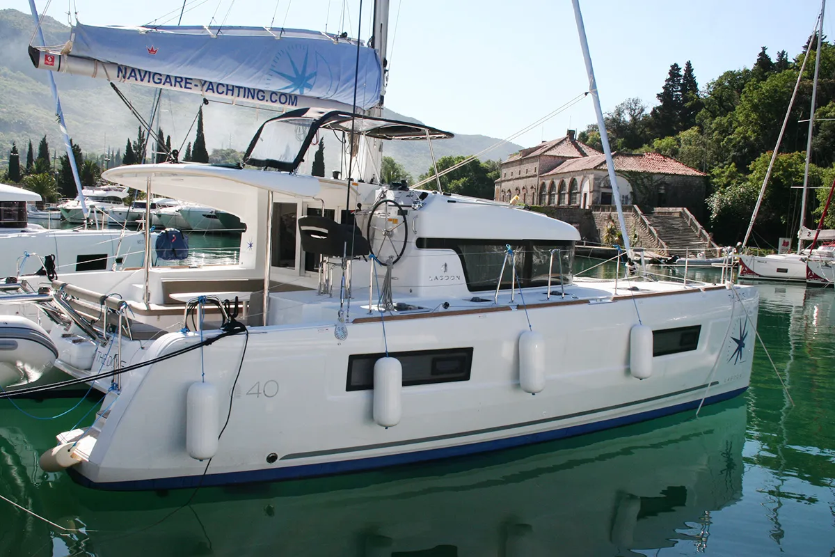 Exterior view of The Dove , a Lagoon 40 catamaran at Dubrovnik, Croatia