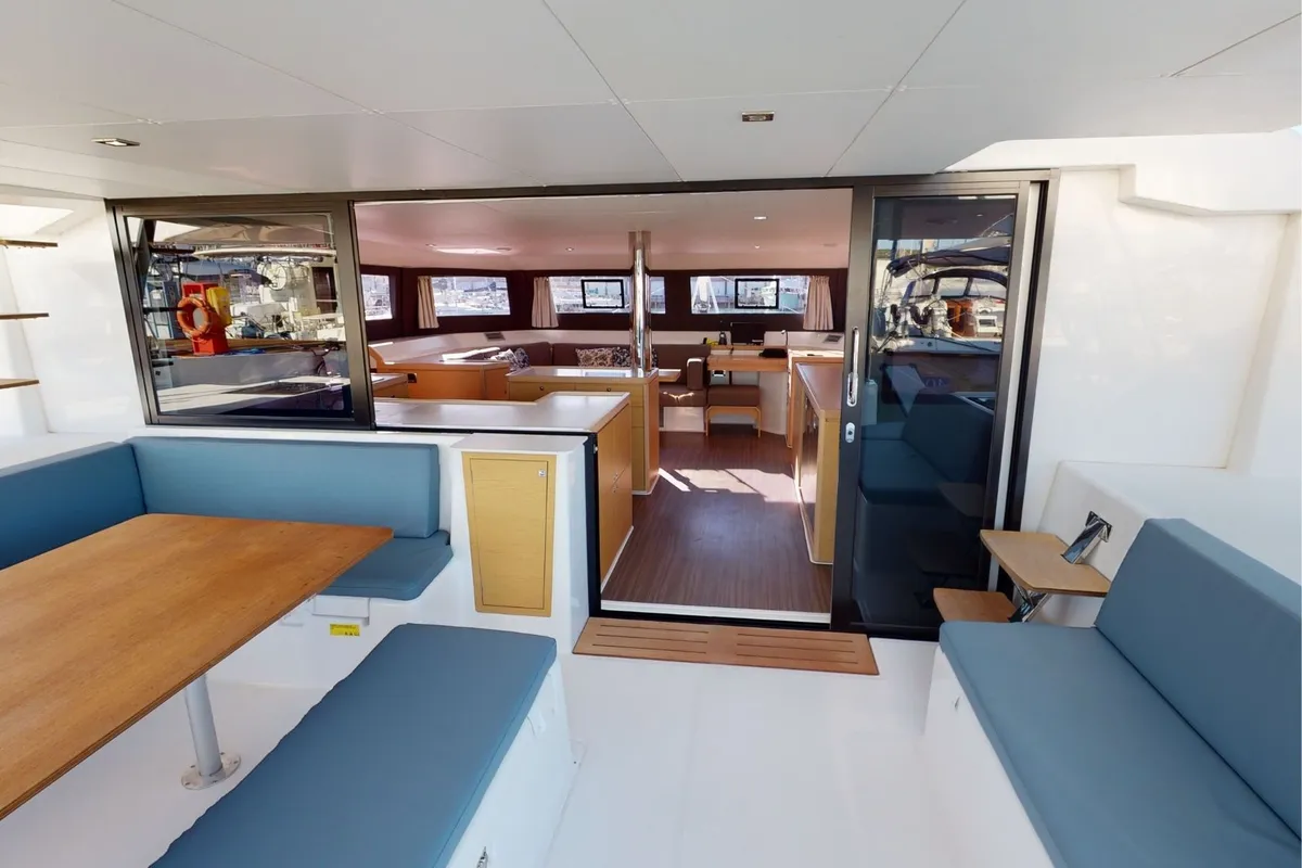 Deck of Vittoria, a Dufour 48 Catamaran catamaran at Olbia, Italy