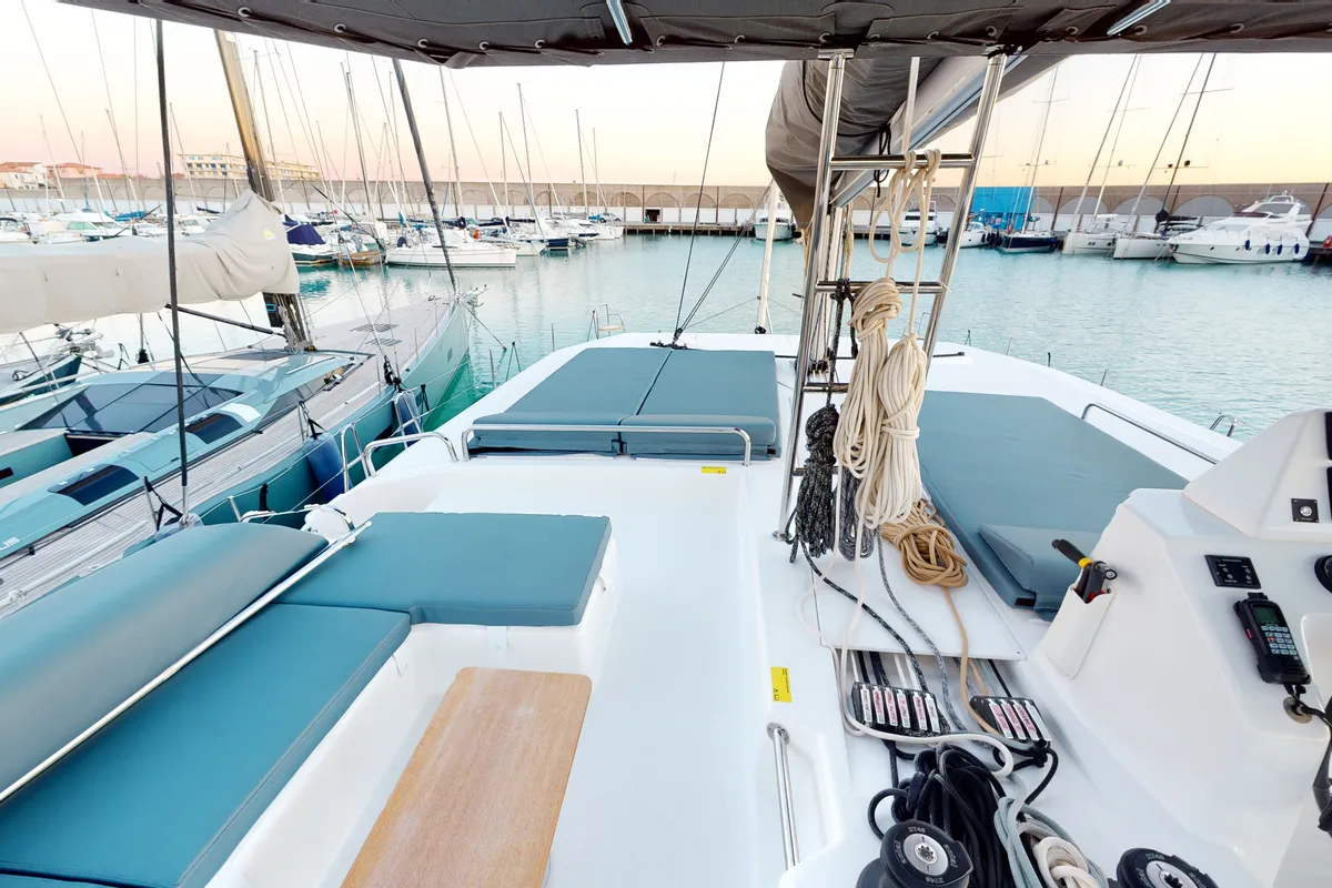Deck of Vittoria, a Dufour 48 Catamaran catamaran at Olbia, Italy