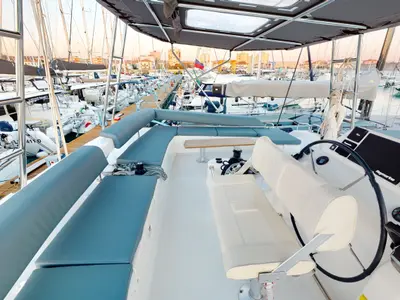 Cockpit of Vittoria, a Dufour 48 Catamaran catamaran at Olbia, Italy