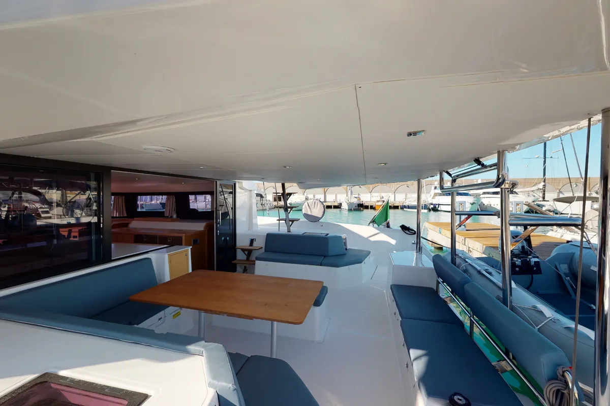 Deck of Vittoria, a Dufour 48 Catamaran catamaran at Olbia, Italy