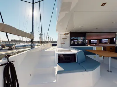 Deck of Vittoria, a Dufour 48 Catamaran catamaran at Olbia, Italy