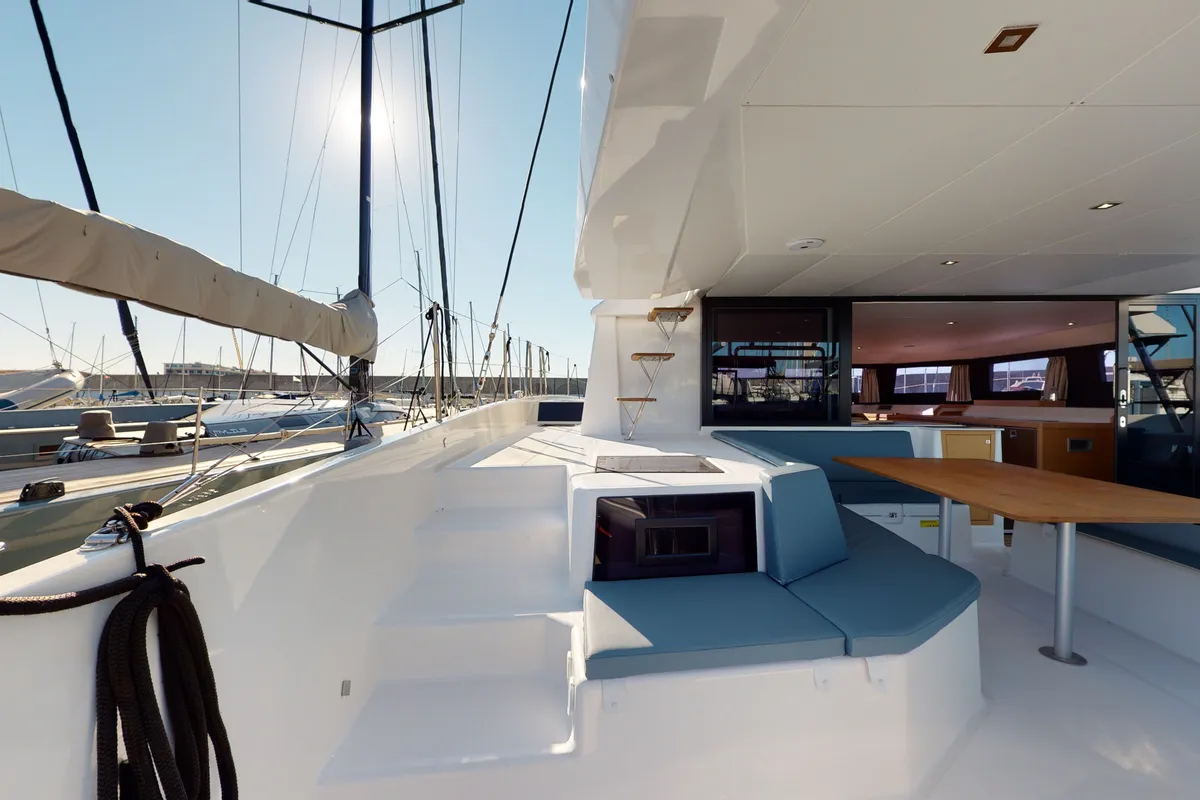 Deck of Vittoria, a Dufour 48 Catamaran catamaran at Olbia, Italy