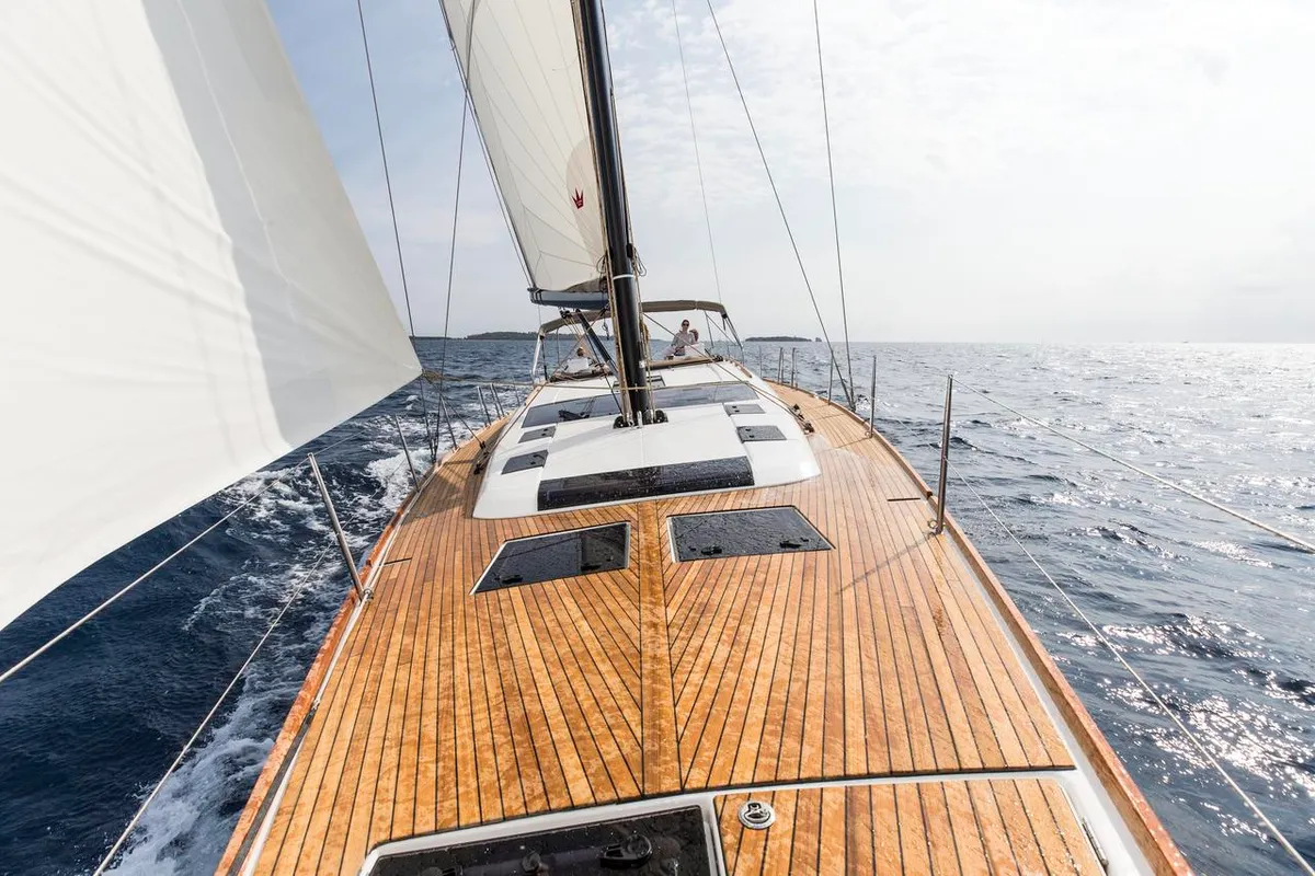 Deck of Notus, a Dufour 520 GL sailboat at Primošten, Croatia