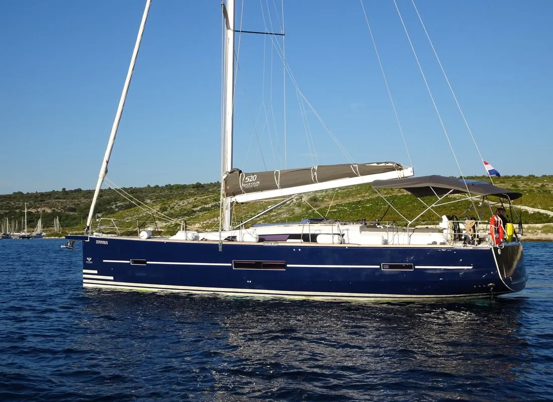 Exterior view of Notus, a Dufour 520 GL sailboat at Primošten, Croatia