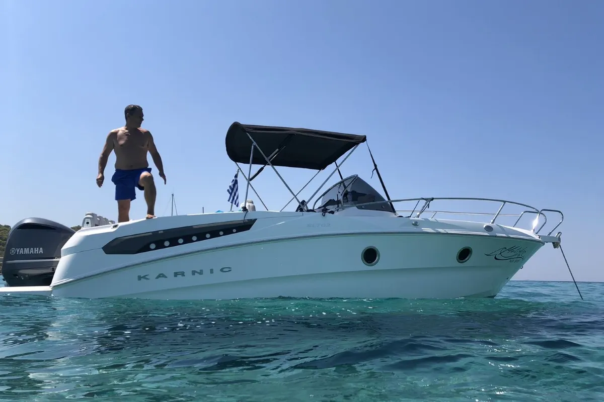 Exterior view of Meliti, a Karnic SL 702 motorboat at Lavrion, Greece