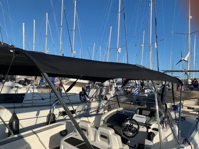 Cockpit of Meliti, a Karnic SL 702 motorboat at Lavrion, Greece