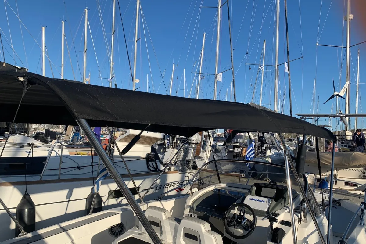Cockpit of Meliti, a Karnic SL 702 motorboat at Lavrion, Greece