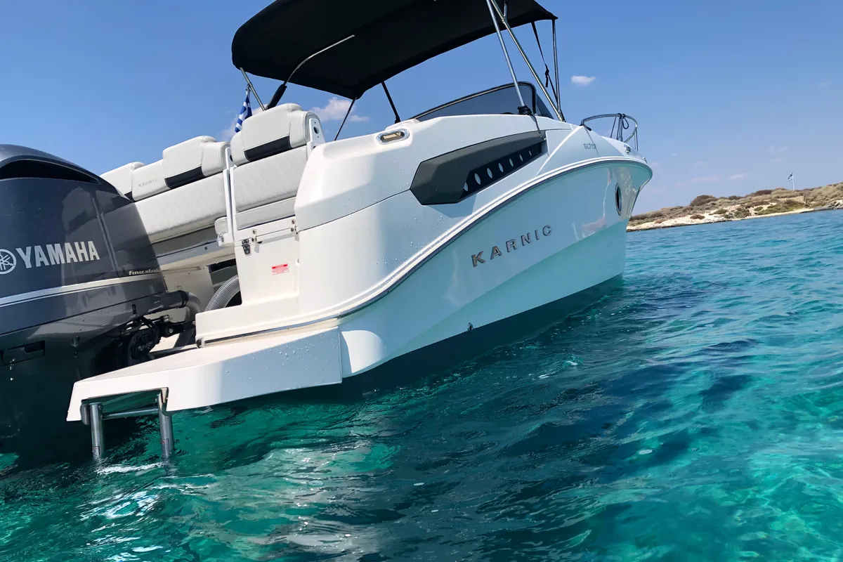 Exterior view of Meliti, a Karnic SL 702 motorboat at Lavrion, Greece