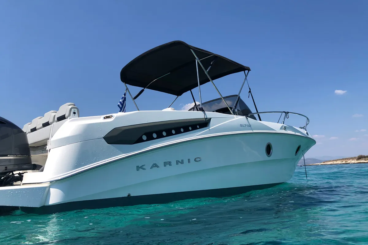 Exterior view of Meliti, a Karnic SL 702 motorboat at Lavrion, Greece