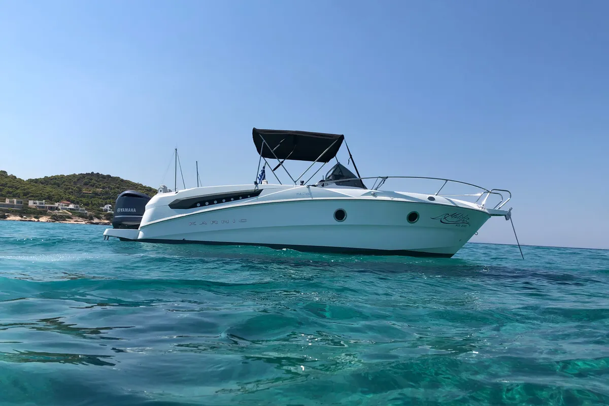 Exterior view of Meliti, a Karnic SL 702 motorboat at Lavrion, Greece