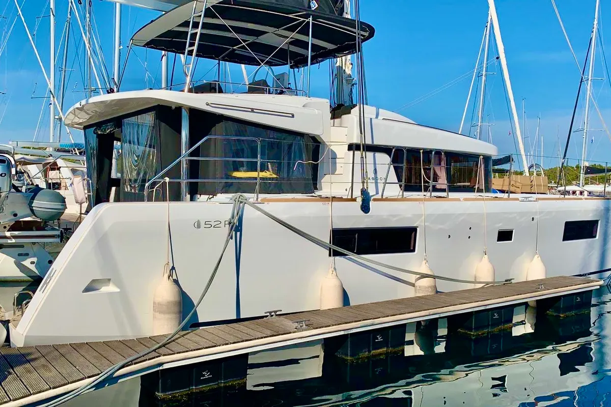 Exterior view of TIGA, a Lagoon 52F catamaran at Grad Šibenik, Croatia