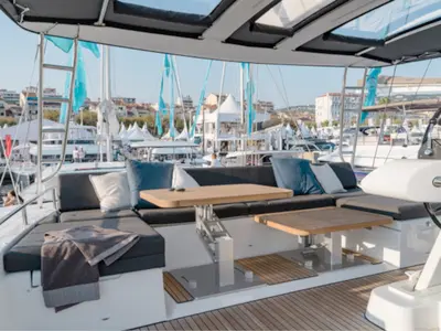 Deck of TIGA, a Lagoon 52F catamaran at Grad Šibenik, Croatia