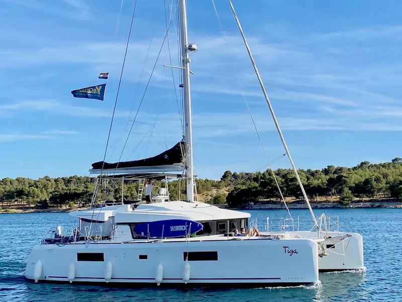Exterior view of TIGA, a Lagoon 52F catamaran at Grad Šibenik, Croatia