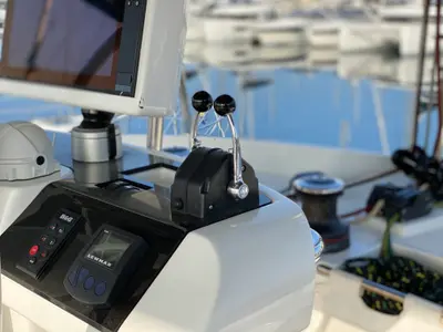 Cockpit of TIGA, a Lagoon 52F catamaran at Grad Šibenik, Croatia