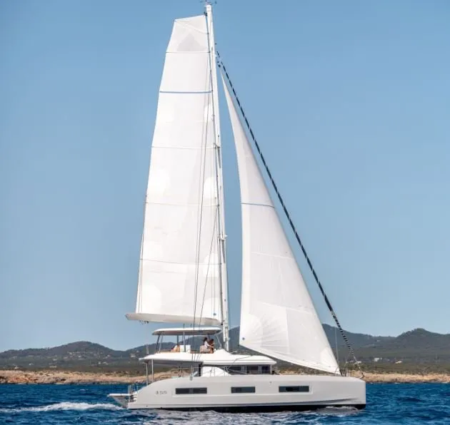 Exterior view of Adel, a Lagoon 55 catamaran at Lavrion, Greece