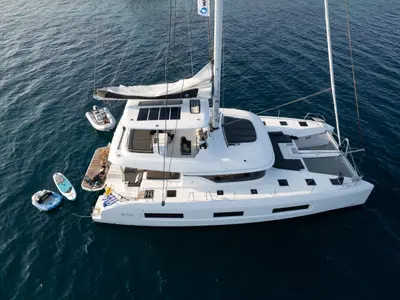 Deck of Adel, a Lagoon 55 catamaran at Lavrion, Greece