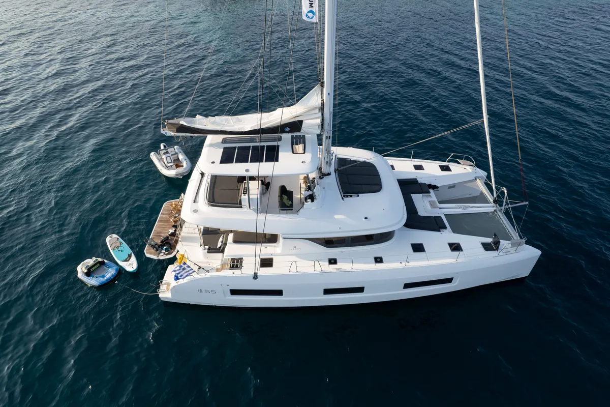 Deck of Adel, a Lagoon 55 catamaran at Lavrion, Greece