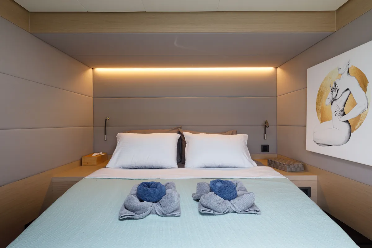 Cabin on Adel, a Lagoon 55 catamaran at Lavrion, Greece