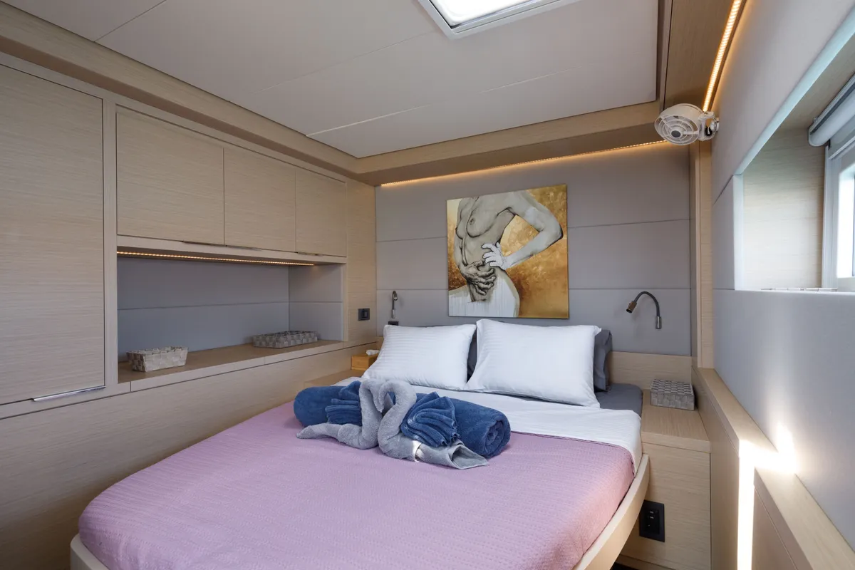 Cabin on Adel, a Lagoon 55 catamaran at Lavrion, Greece